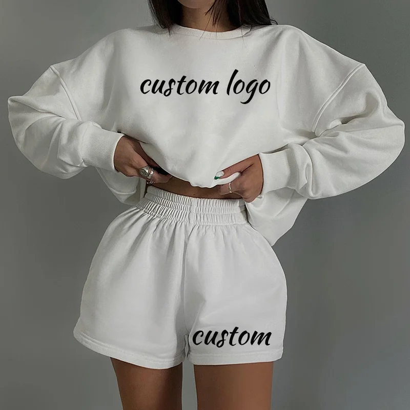 Spring Lady Sportswear Tracksuit Oversized Crewneck Sweatshirt 100%cotton Sweat Shorts 2 Piece Short Set Women Loungewear