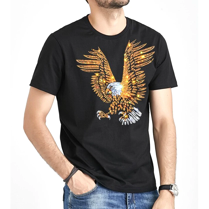 Fashion Streetwear Man Falcon Clothing Animal Eagle 3D Rhinestone T-shirt Summer Casual T shirts For Men