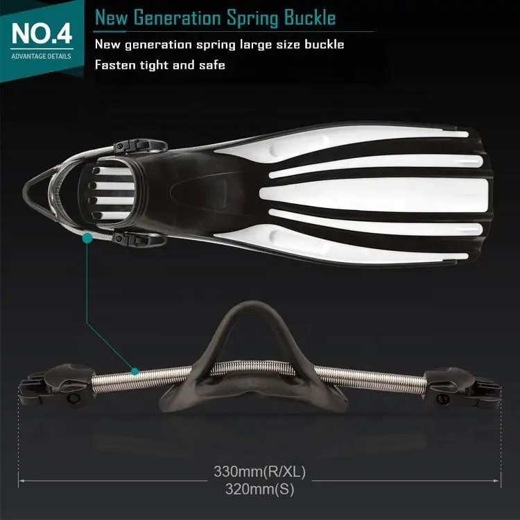 Upgraded New Generation Spring Large Size Buckle Diving Flipper Long Blade Secured Tight Fitting Swimming Fins