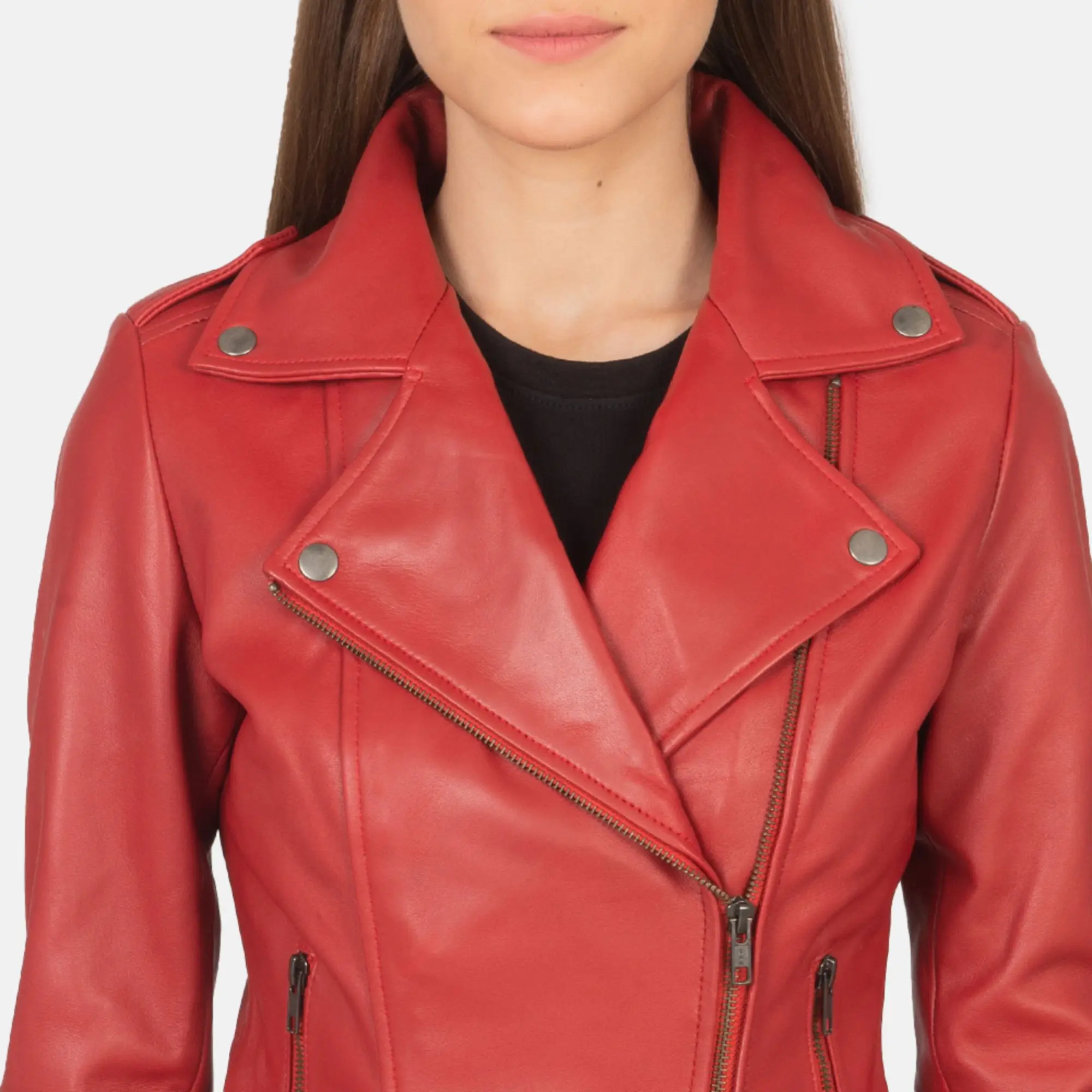 Real Leather Sheepskin Aniline Zipper Flashback Red Women Biker Jacket with Quilted Viscose Lining and Inside Outside Pockets