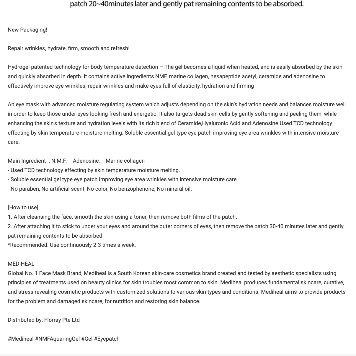 MEDIHEAL NMF Gel Eye Fill Eye Patch/Mask Box 5pcs Organic Collagen Vitamin C Moisturizer Sheet for Firming Lightening Eye Care