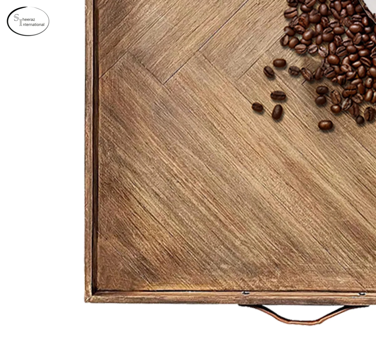 High Quality Square Large Ottoman Acacia Wooden Serving Tray with Leather Handles Commercial Restaurant Food Tray Breakfast Tray