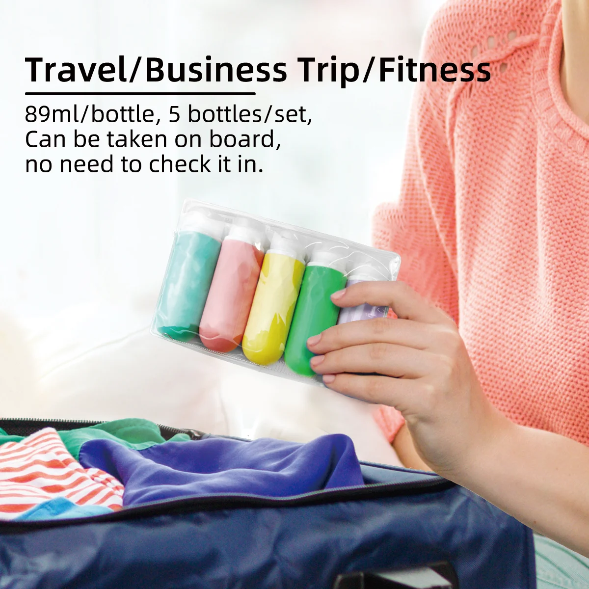 OEM 89ml\\/3oz Leak Proof Portable 5pcs Set Travel Bottle Kit BPA Free Refill Silicone Travel Bottles For Toiletries