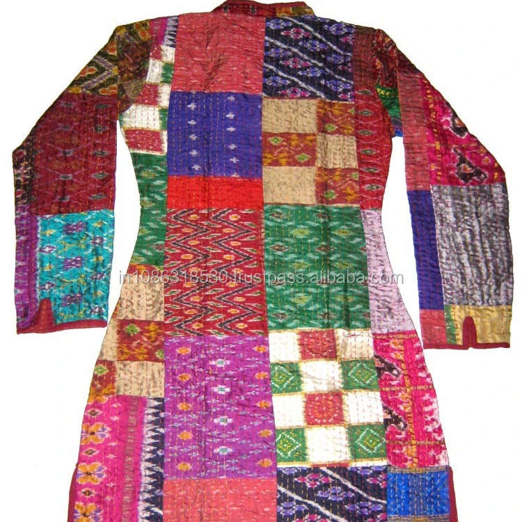 Indian Patchwork Vintage Design kantha Quilted Silk Patola Kantha Jacket Long Floral Sleeves ladies Reversible Coat Gudri Jacket