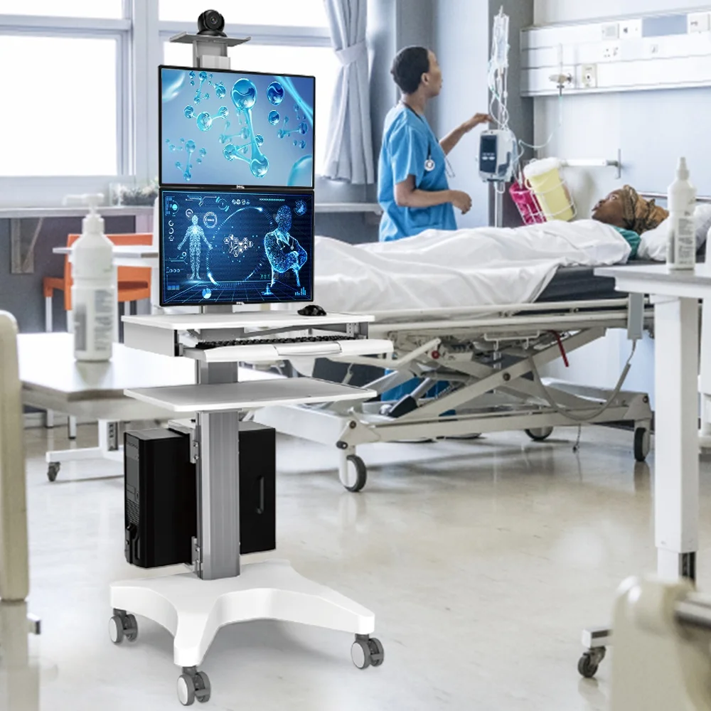 Mobile Adjustable Hospital Medical Trolley Cart With 2 Monitor Mounts Office School Laboratory Clinic Workstation