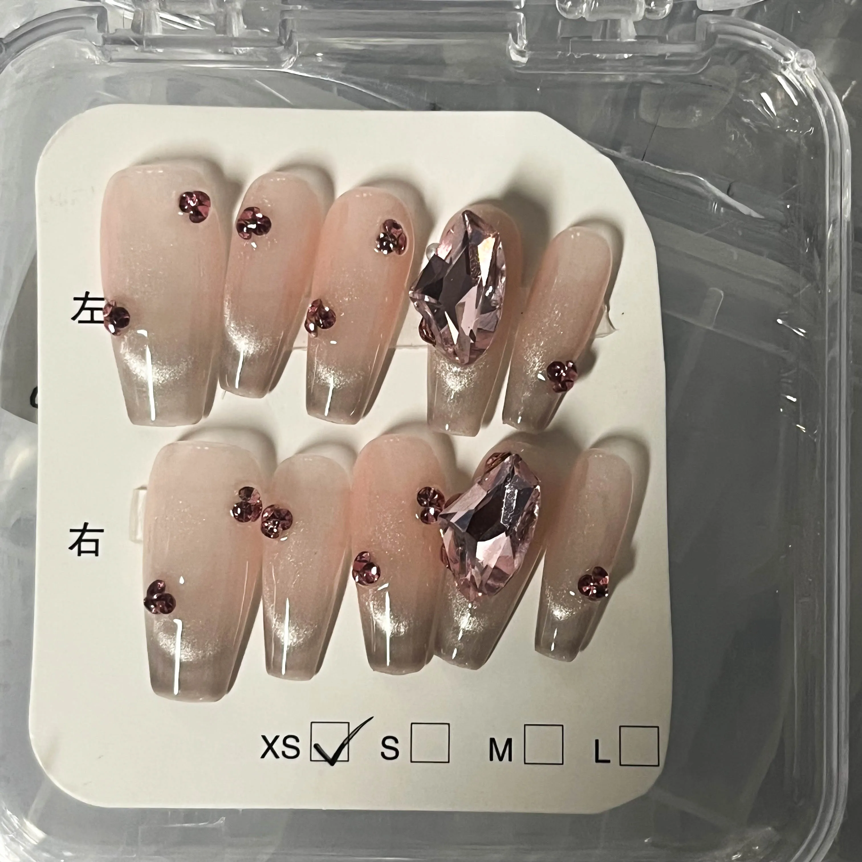 In Stock Pink Handmade False Nails with Glitter Diamond Luxury Handmade Acrylic Nails Press on Artificial Fingernails