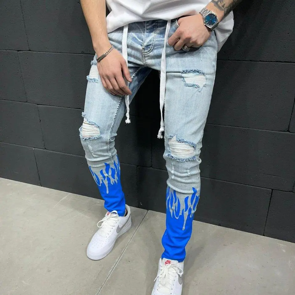 Custom Distressed Washed Black Denim Jeans Pants for men stylish Baggy Hole Super Skinny Jeans