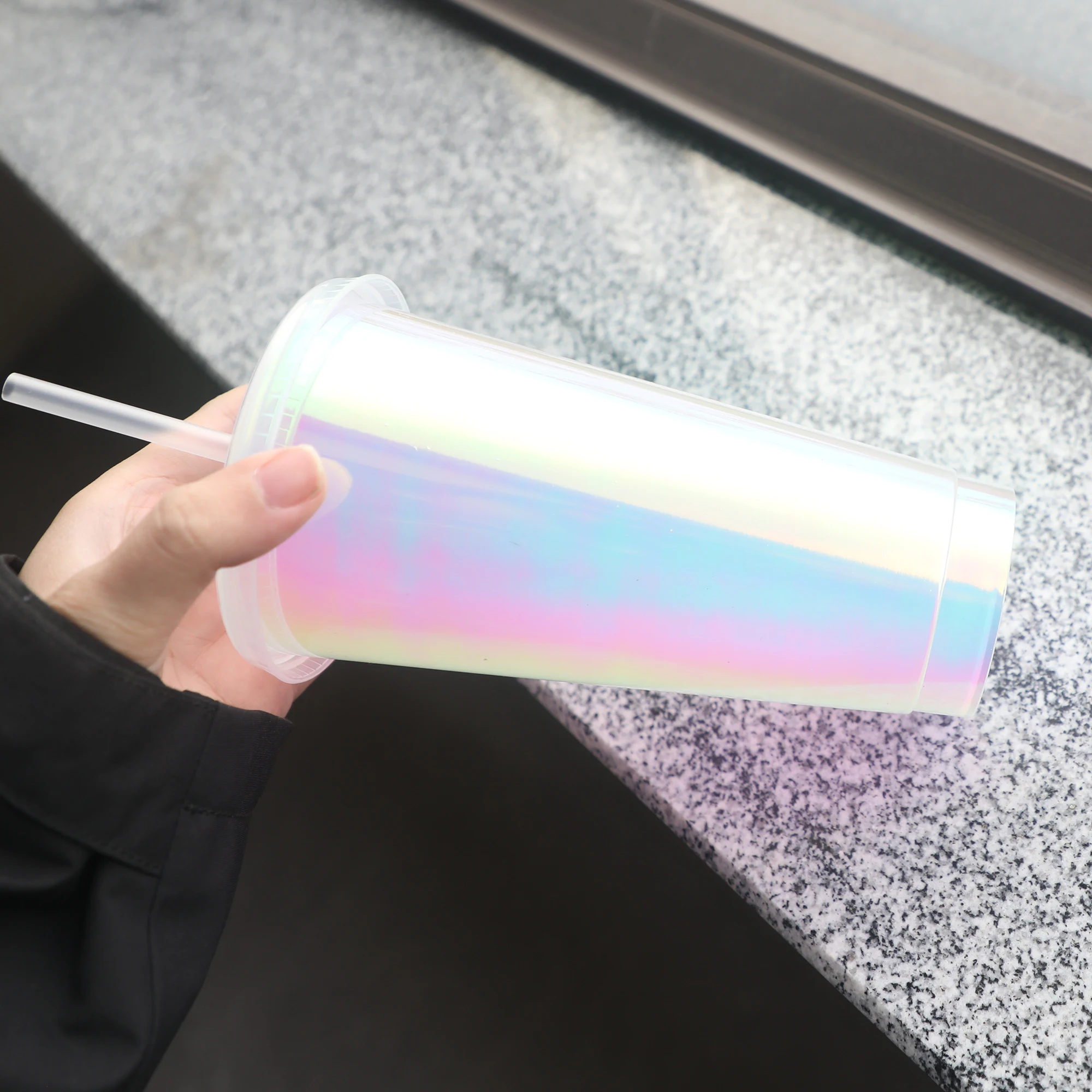 Rainbow Iridescent 24oz silver holographic sippy plastic Tumbler Reusable hologram cup cold cup