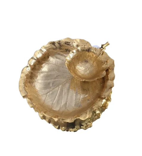Leaf Design Amazing Chip And Dip Bowl Gold Finished Metal Tray Serving Chip And Other Snacks With Dips