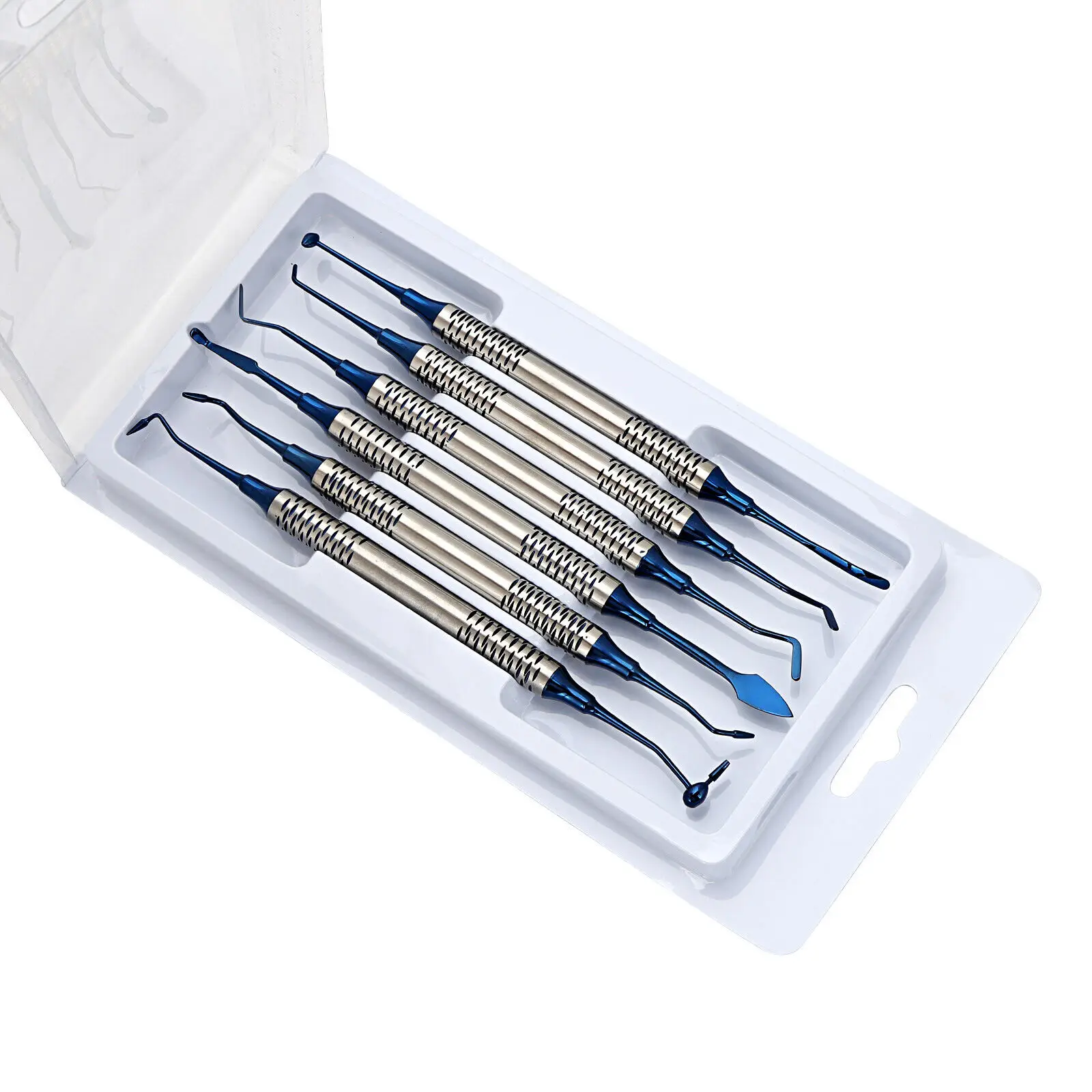 Dental Titanium Double-Ended Surgical Tools Set 6 Blue Spatulas Restorative Teeth Flat Instruments Composite Filling Metal Steel