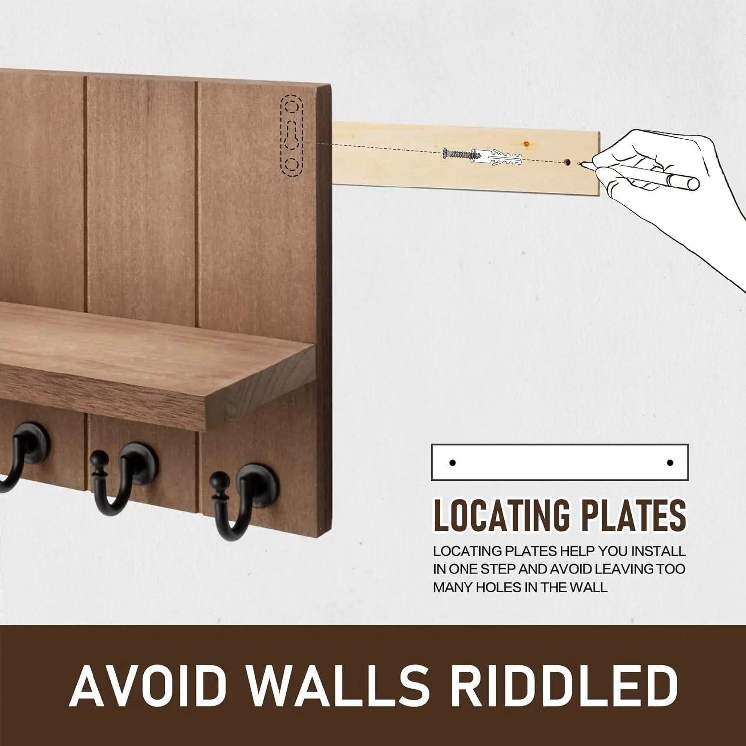 Key Holder for Wall - Farmhouse Rustic Mail Organizer Floating Shelf for Home Kitchen Entryway Decor with 7 Sturdy Key Hooks