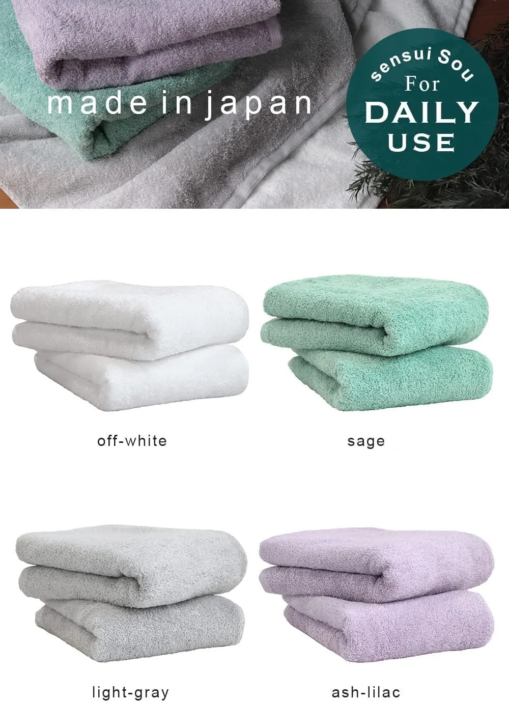 [Inventory Clearance] Cotton Bath towel made in Japan 100% 60cm*120cm 275g 350GSM light soft touch quick dry home Grey White 4pc