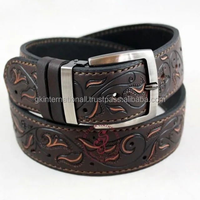Durable strong stitched custom made western leather hand tooling belt 3D floral design embossed tooling belt for cowboy