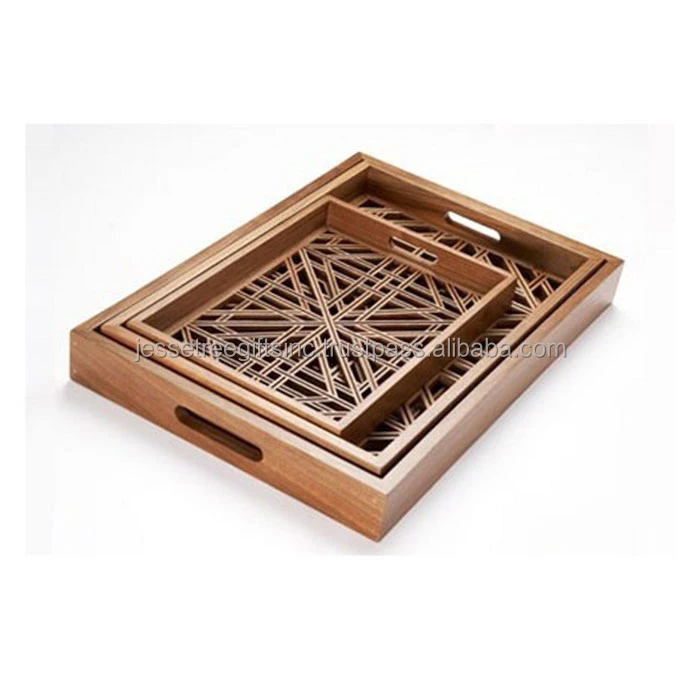 Handmade Wooden Tray With Natural Wood Polish Finishing Rectangular Shape Perforated Design Two Side Handle for Serving