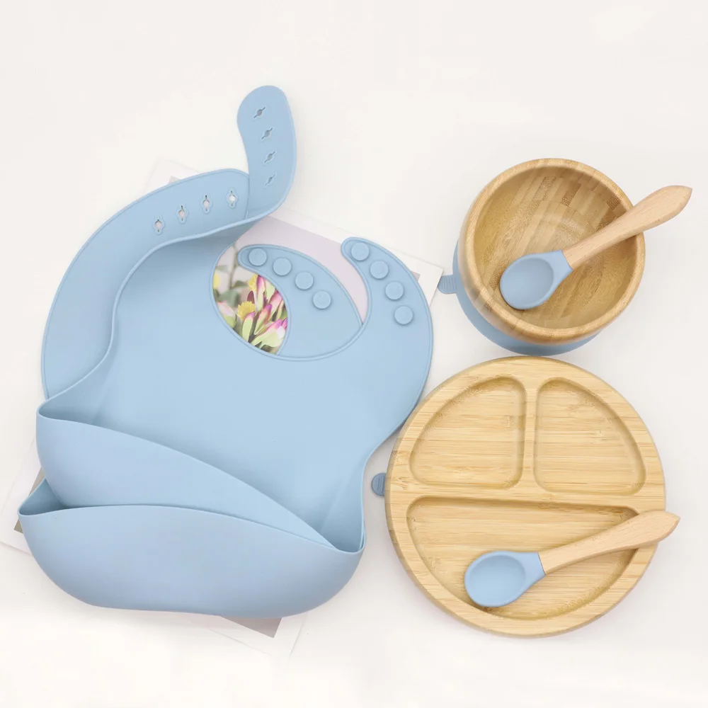 Custom Logo Dinner Plates Kids  High Quality Natural Bamboo Animal Baby Plate with suction baby feeding set