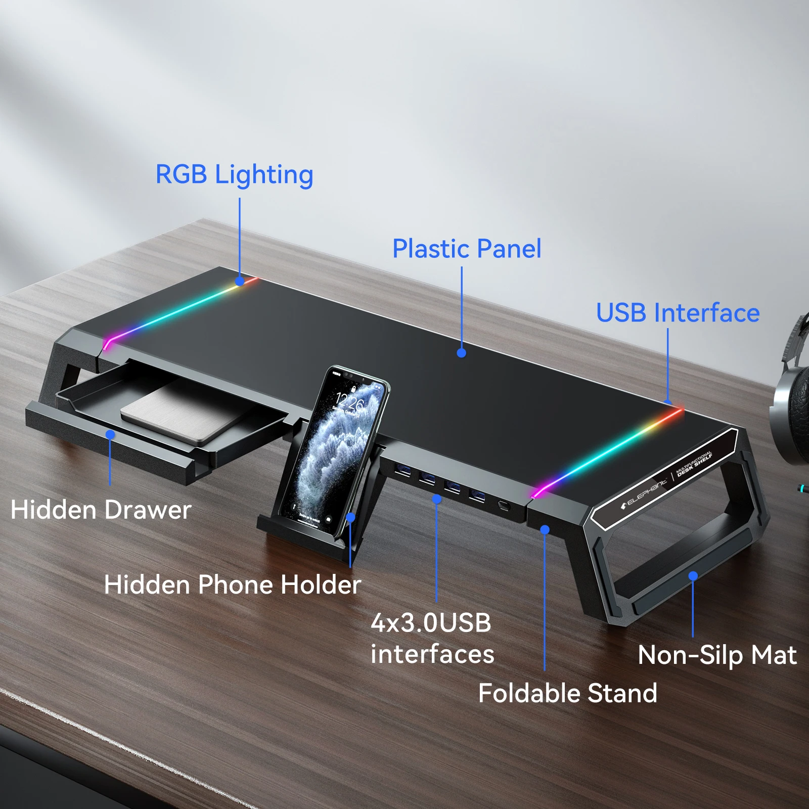 New design super strong structure dual monitor stand computer riser with USB 3.0 hub ports RGB Light desk shelf