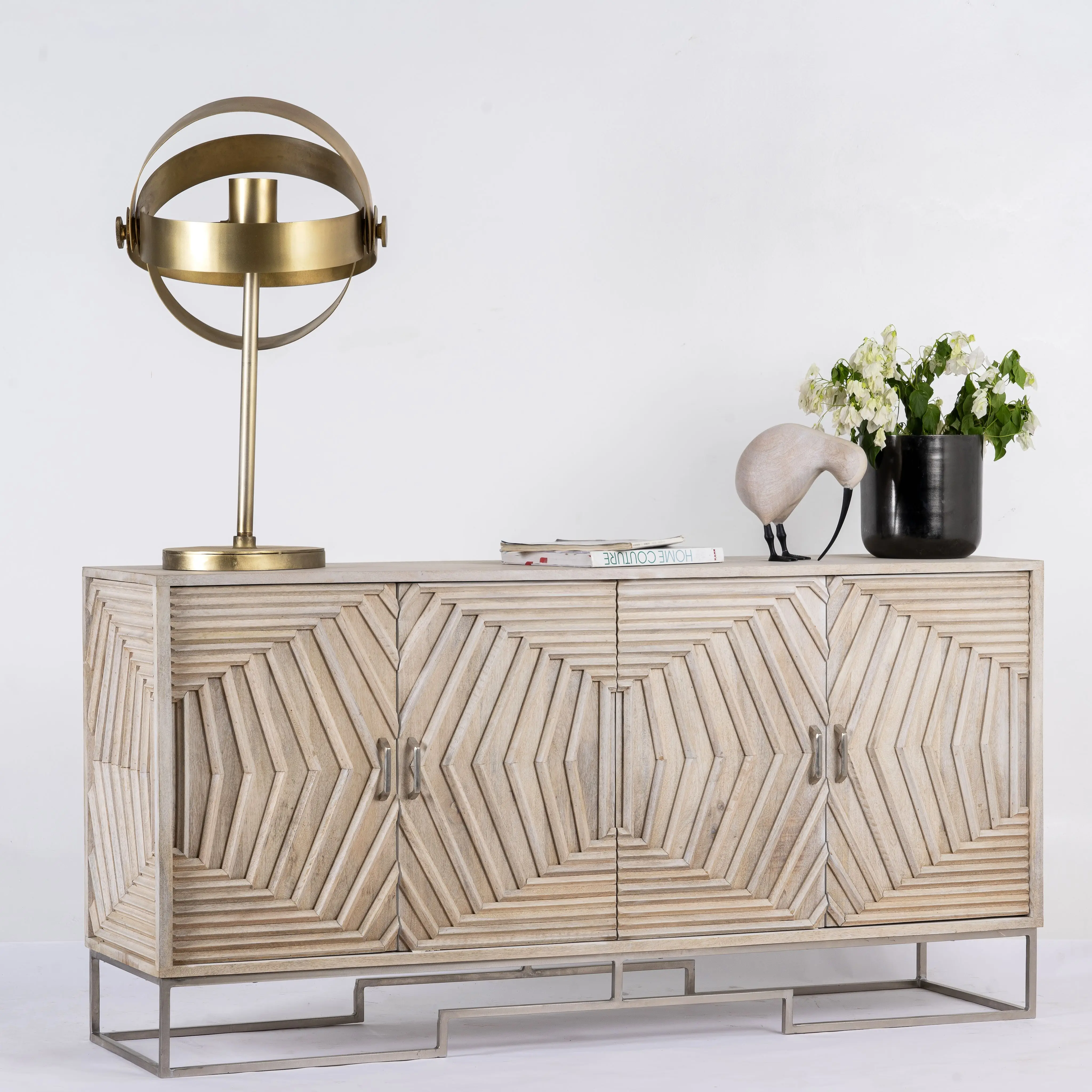 carved line design  natural mango wood nickel-plated iron sideboard