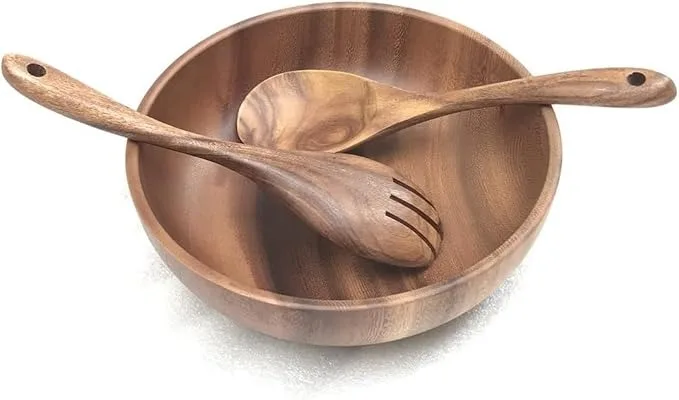 Acacia Wood Salad Bowl Set with Steel and Glass Fork and Spoon for Party Serving and Mixing Fruits Salads Cereal and Pasta
