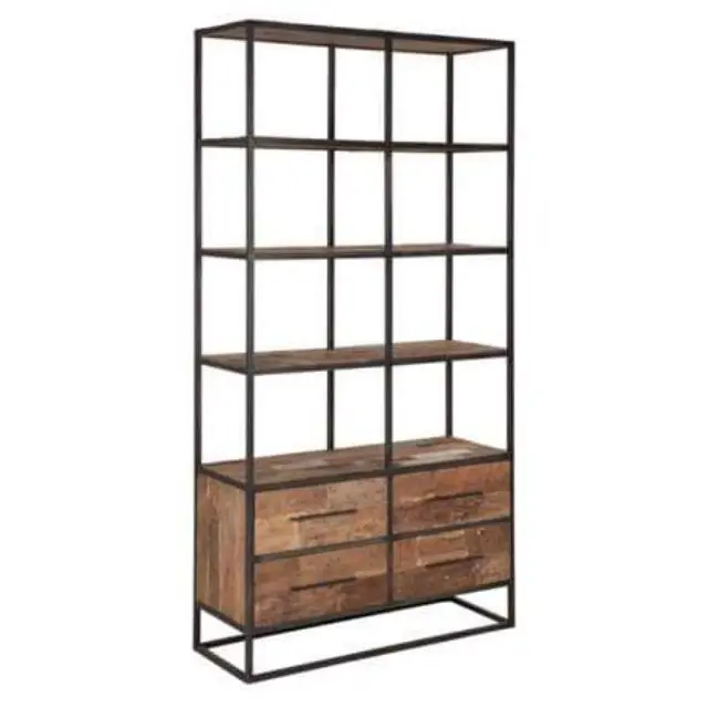 latest collection American design iron wood movable bookcase wood bookcase bookshelf Display Shelf Iron Wood Bookcase