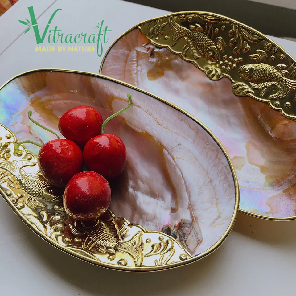 Best Selling Pink Mother-of-Pearl Caviar Plate Square Shape with Unique Copper Metal Motifs for Food Presentation
