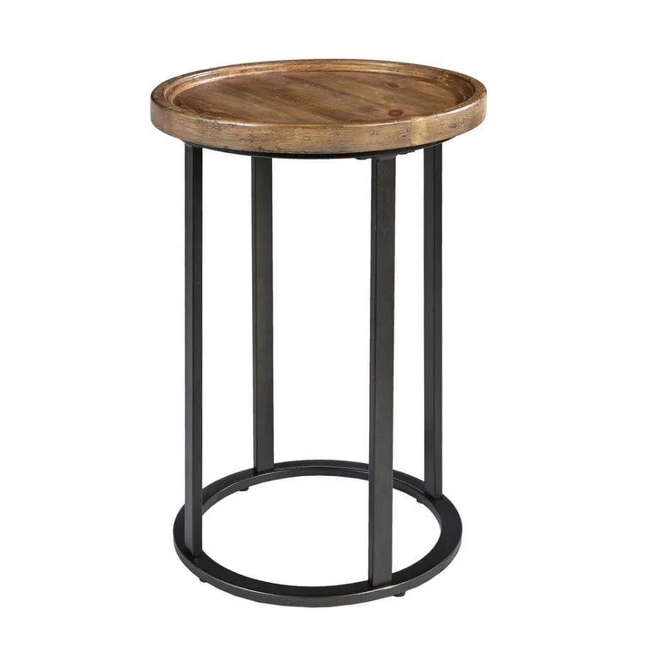 Modern Design Best Selling Wooden Top Round Side Table With Black Metal Base for Home Living and Bedroom Furniture.