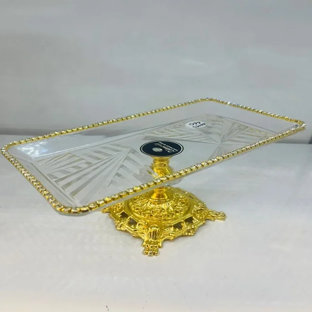 Wholesale Hot Sales High Quality Luxury Foot Stand Glass Dessert Plate Gold Plate Dish with swarovski Stone From Turkey