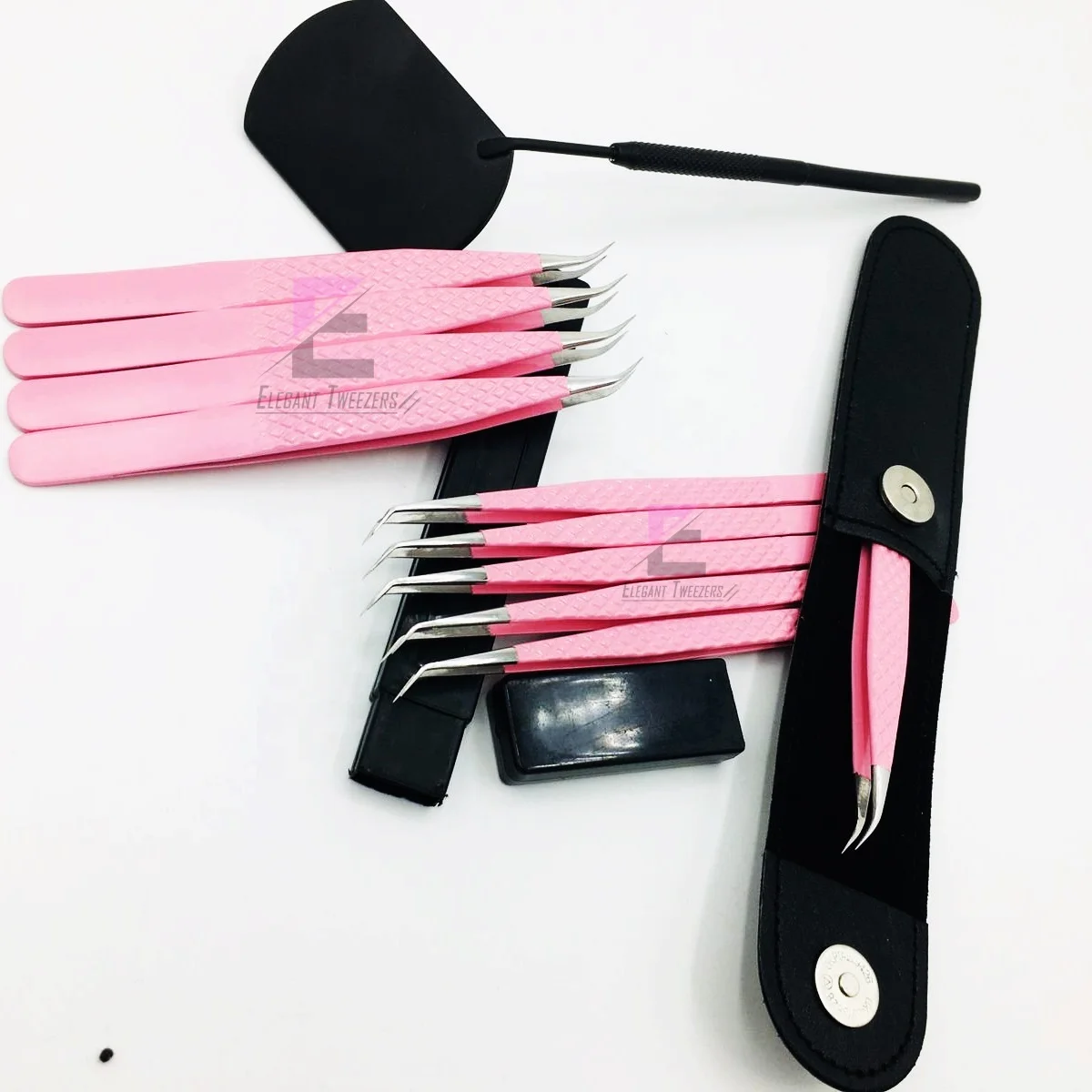 Pink Powder Coated With Sliver Tips Diamond Grip Eyelash Extension Tweezers Stainless Steel Custom Brand Name False Eyelashes