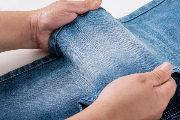 Foshan new design blue 11.2oz substainable denim fabric 42%C 21%viscose 17.5%hemp 18.5%repreve 1%SP recycled polyester fiber