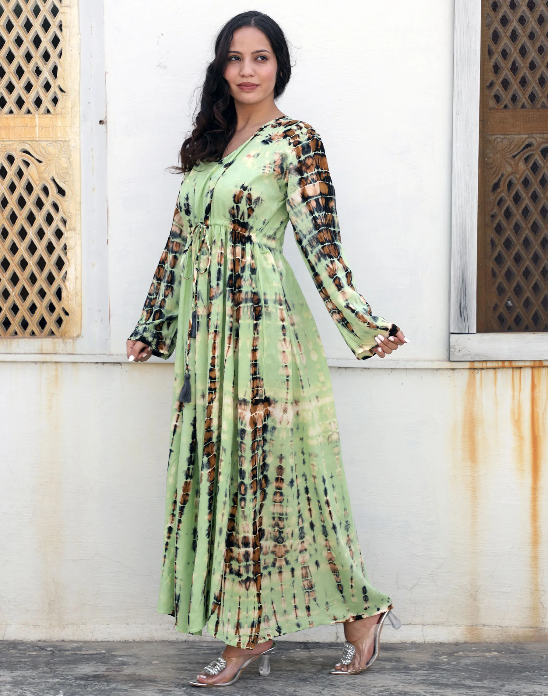 Effortlessly Style Rayon Tie Dye Long Dress Summer Beach Wear And Casual Outings With Long Sleeves High Waist Women Kaftan