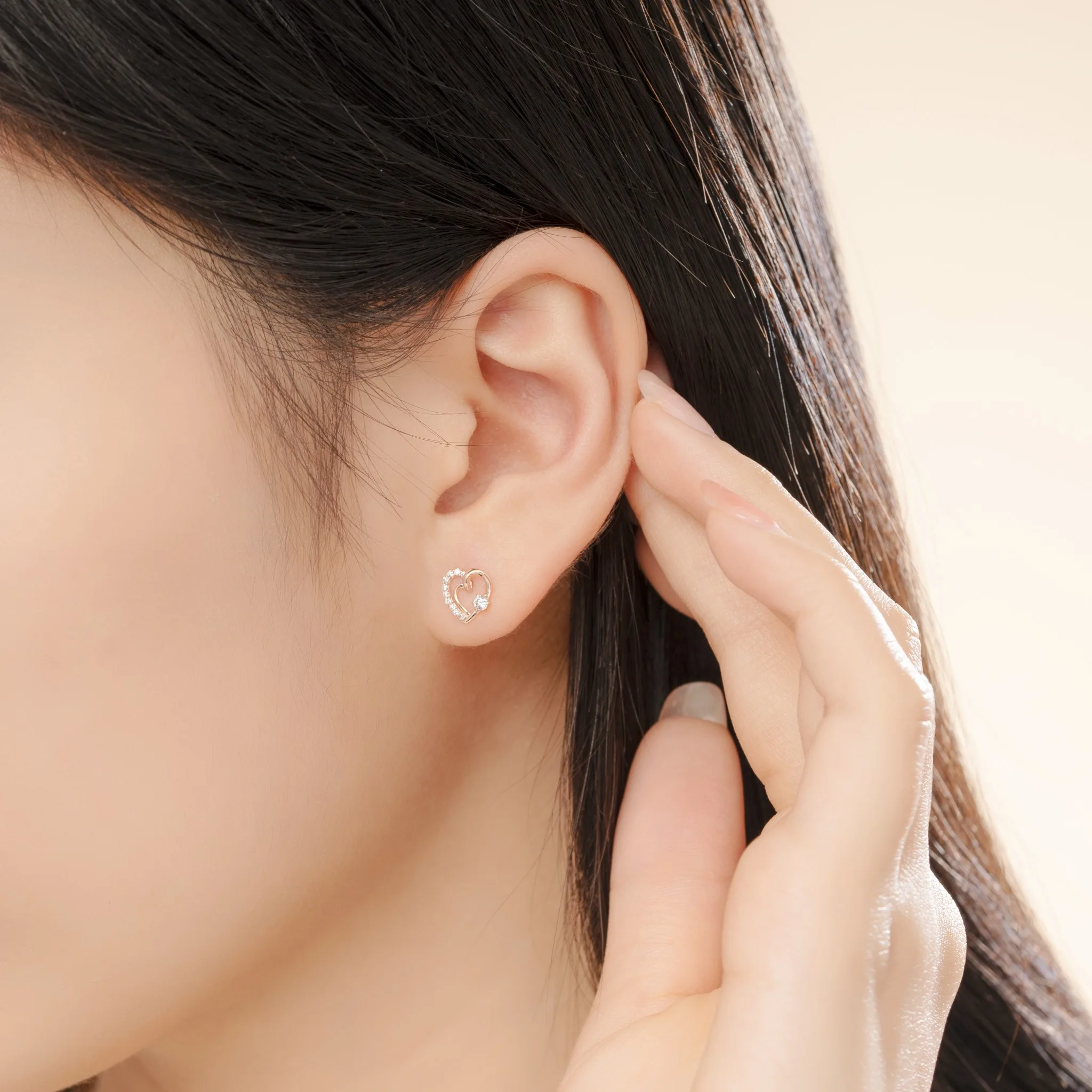 New Trendy Romantic 14K Real Gold Double Heart Stud Earrings with CZ Stone Fine Jewelry Earrings Gold Wholesale BTPTB324