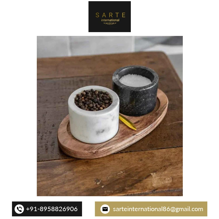 Luxury Marble Pinch Pot and Spoons Set Marble Seasoning Storage Jars Wooden Base Salt Spice Jar from Indian Supplier