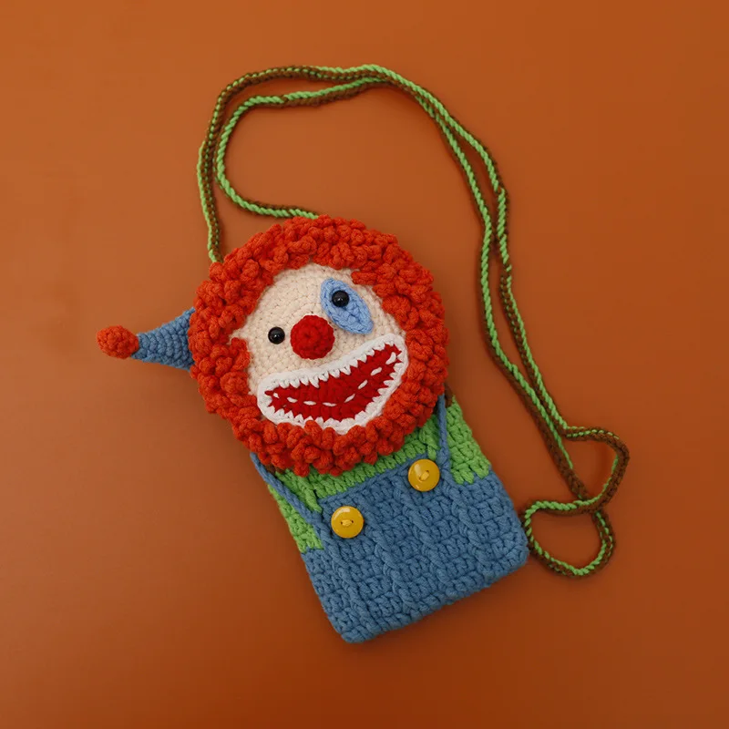 Crochet Clown Phone Case Shoulder Bag Crochet Woven Handbag Hand Knitted Animal Phone Holder Bag Purse Handbag for Sale