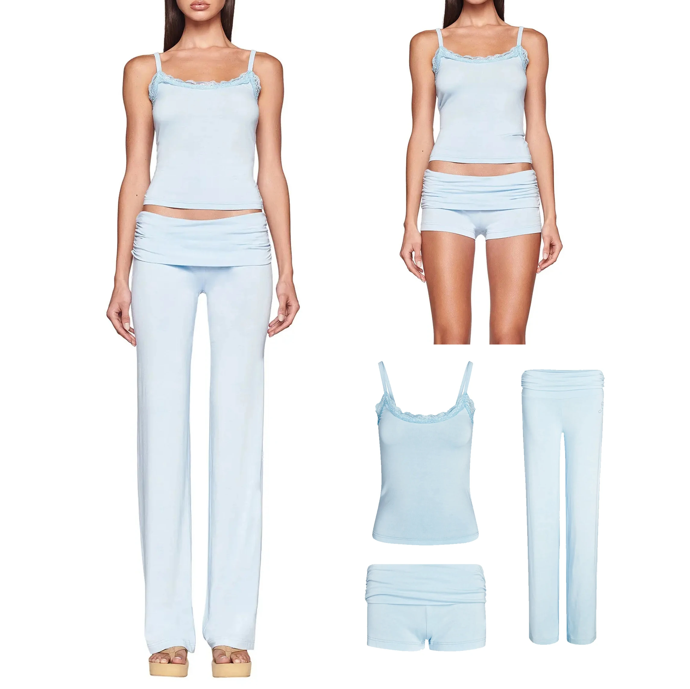 Best Seller 2024 Custom Logo Unique Design Elastic Fold Over Shorts Pant 3 Piece Lounge Wear Set Women