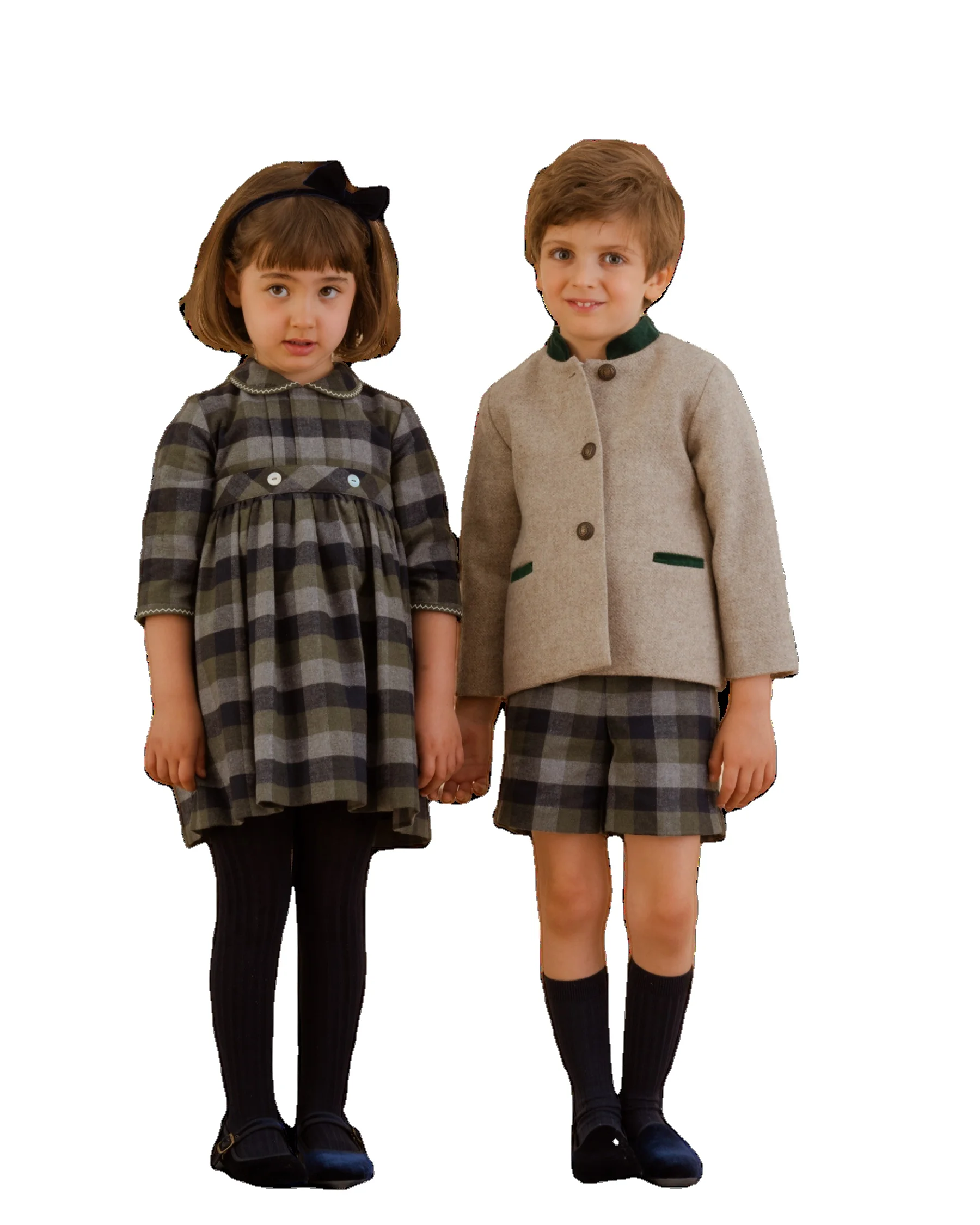 High quality trendy children clothing winter plaid fabric for girls dress boys suspender Boutique kids matching clothes