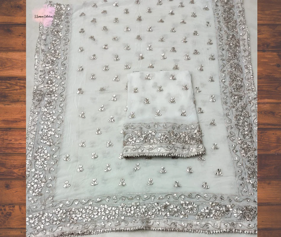 SSUMAIRA Collection Hand Made LCD Gota Work Collection Unstitched 3 Piece Suit Shirt Dupatta Stuff Pure Chiffon Dyeable Fabric