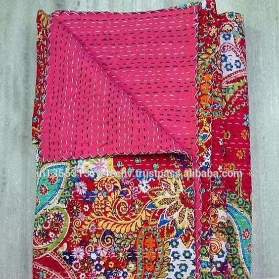 Индийское винтажное одеяло Kantha двустороннее из 100% хлопка