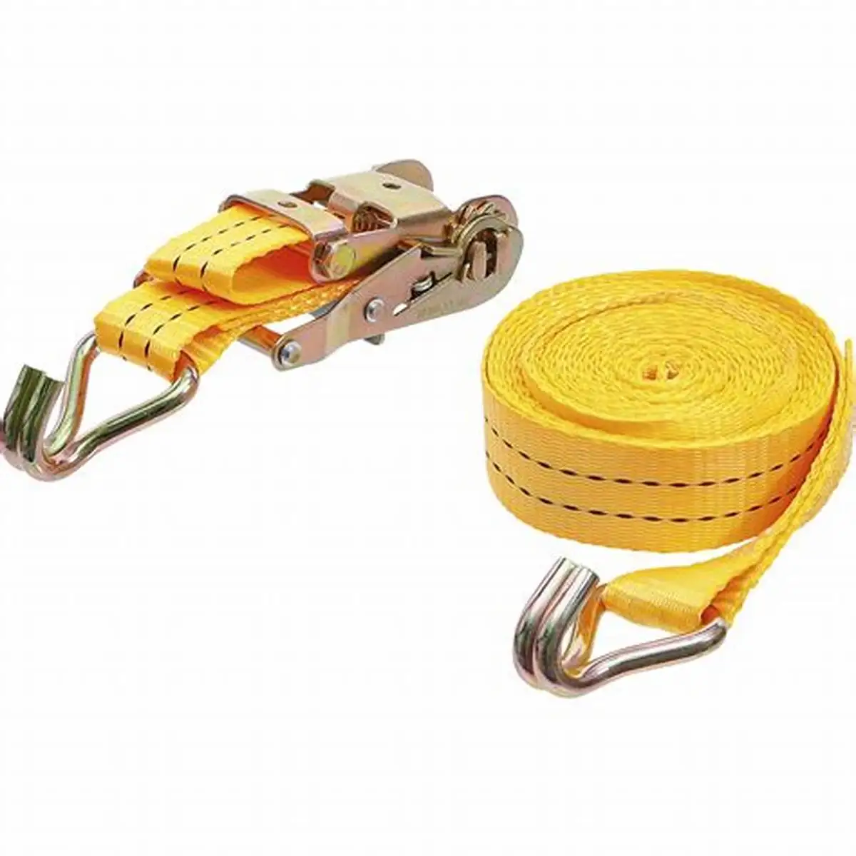 Heavy-Lift Premium Yellow 25mm Polyester Belt Ratchet Strap Tie-Down Metal Hooks, Safely Securing Large Cargo During Transport