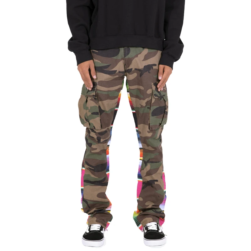 2022 Men Fashionable 100% Cotton Slim Serape Patchwork Boot Cut INS Style Military Camouflage Cargo Pants Flare Sweat Pants Men