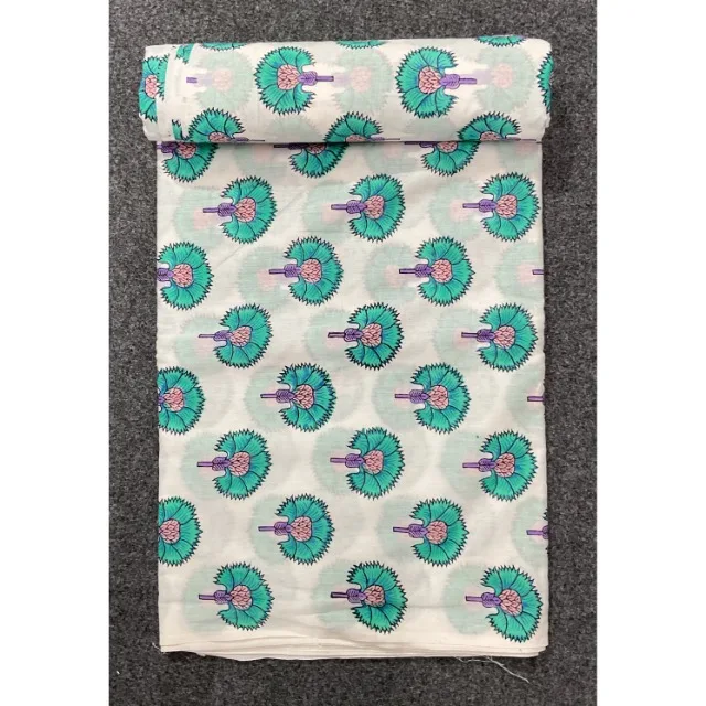 Indian Block Print Floral Cotton Fabric by the Yard Hand-Printed Lightweight Sewing Dressing & Cover Making Material