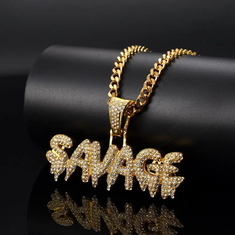 SAVAGE Fashion Hip Hop Jewelry Trendy Natural Diamonds Certified Gold Pendant Curb Chain Necklace For Mens Gift