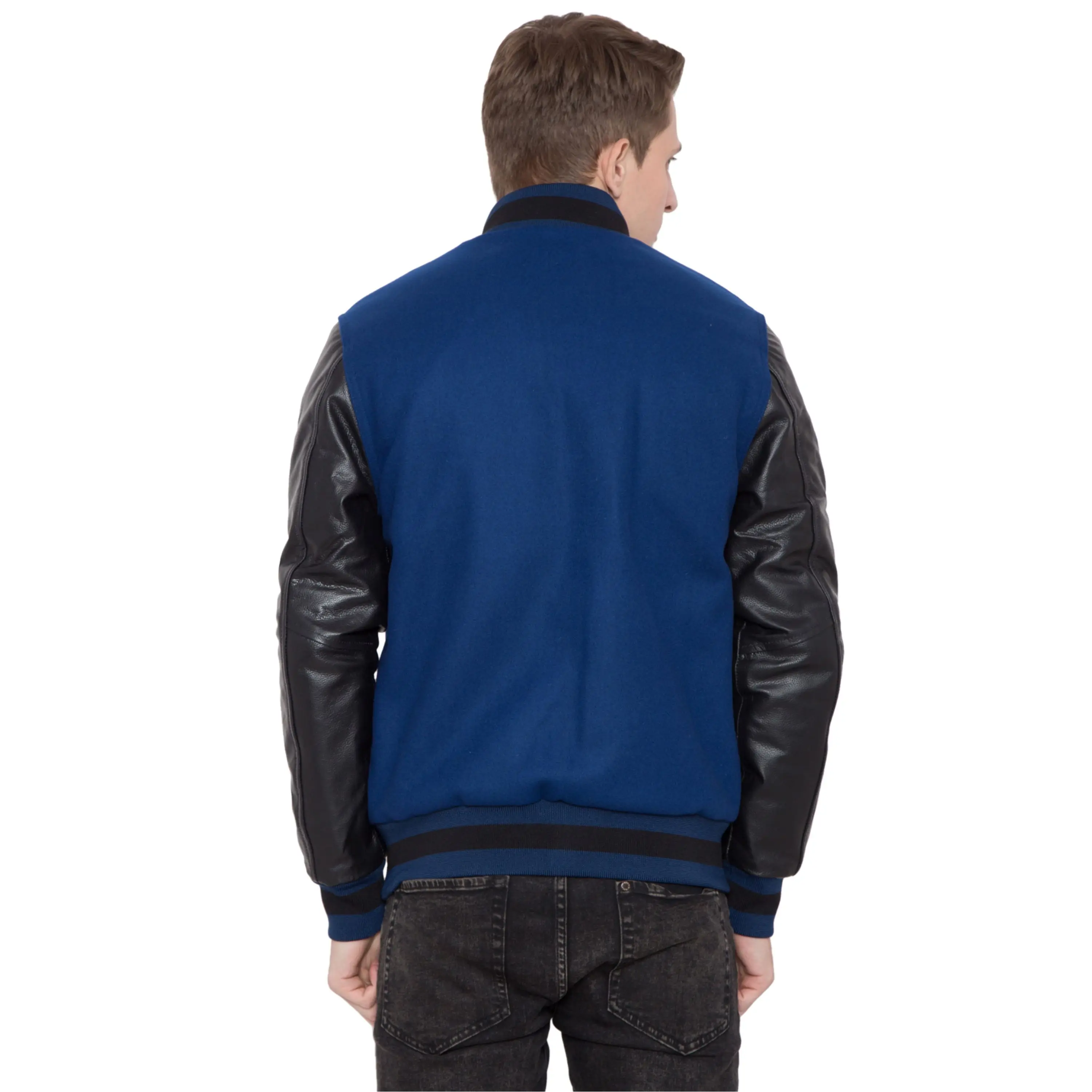 100% Cashmere Wool Body and Genuine Cowhide Leather Sleeves Dark Navy & Black Letterman Jacket