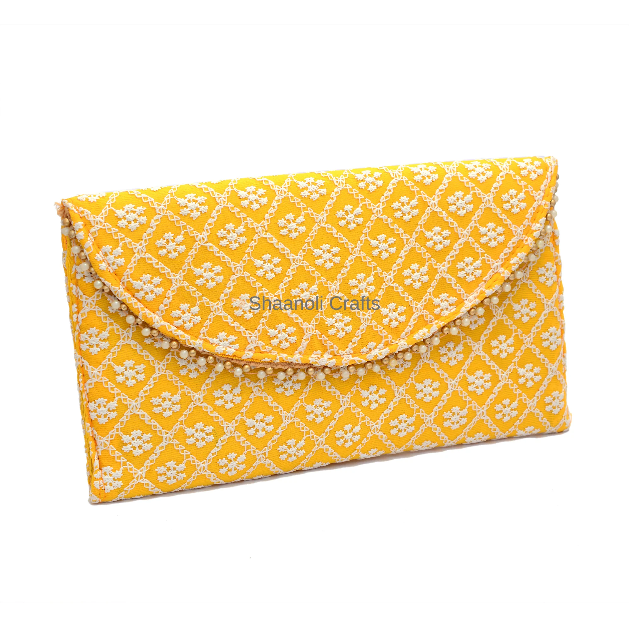 New Arrival Indian Handmade Chikankari Ethnic Envelopes Slim Wrist Handbag Zipper Snap Single Strap Mobile Case Polyester Gift