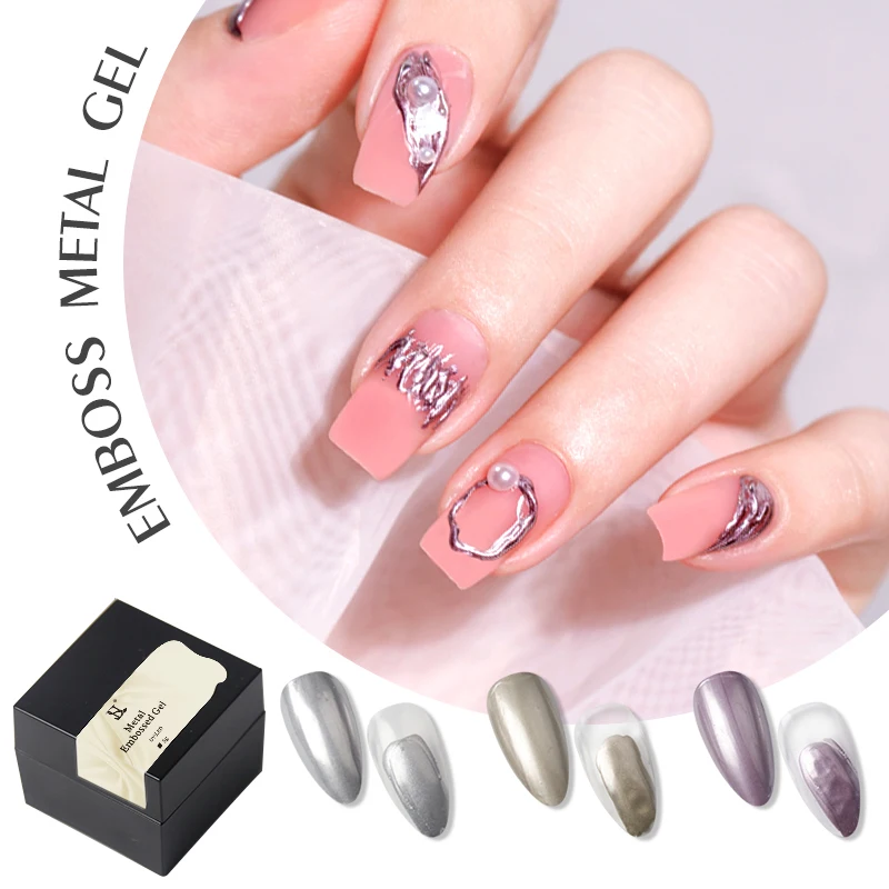 HS Private Label Emboss Sculpture Carving Gel Nail art nail paint paint gel 5g Metal Paint Nail Gel Polish Art Design 3 Colors