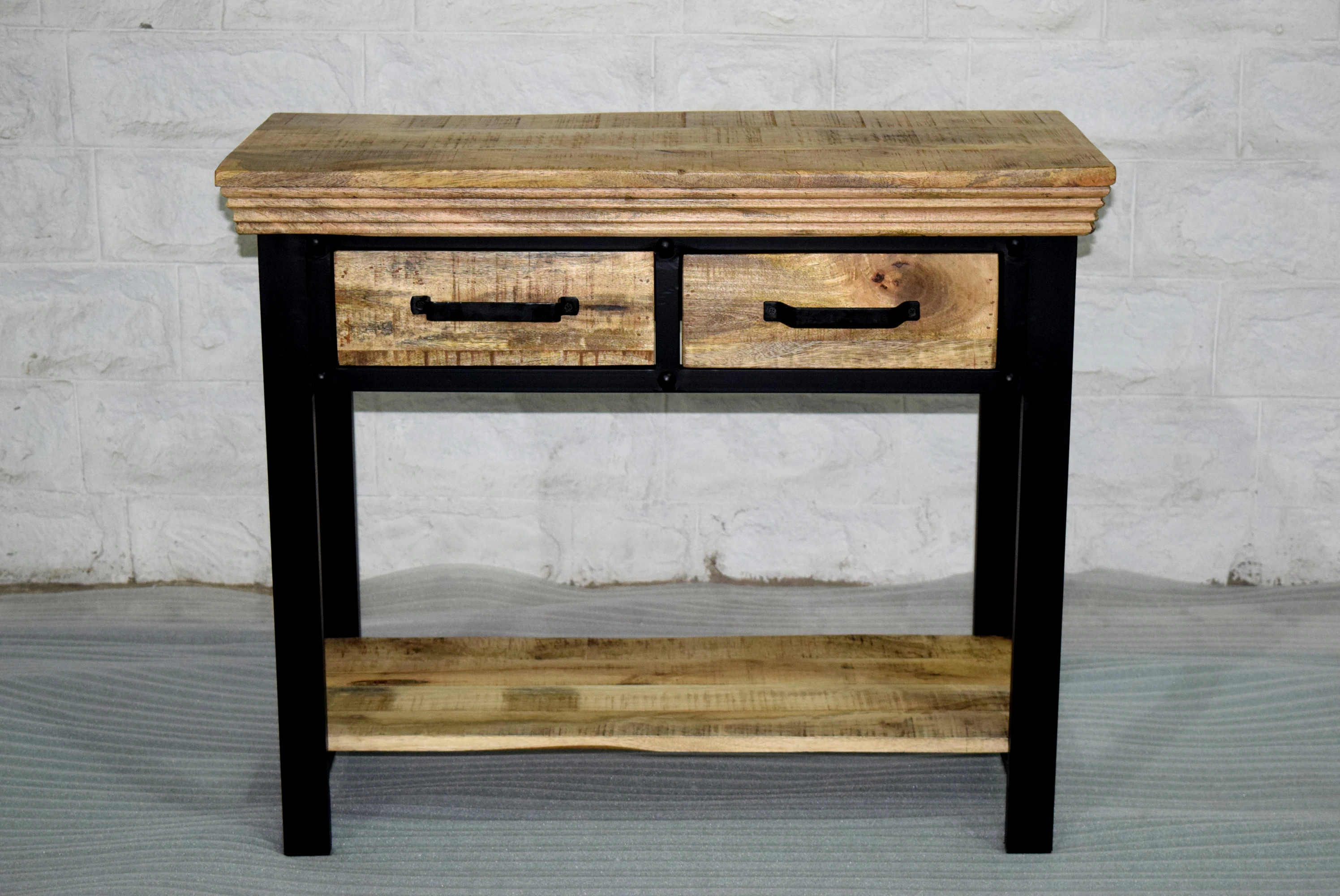 Industrial Style Antique Furniture Iron and Wooden Side Console Tables with Two Storage Drawer for Home Living Room