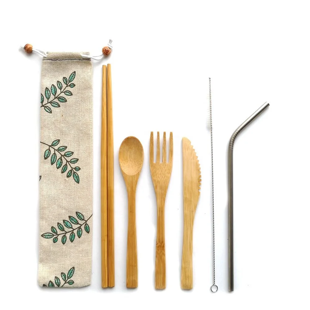 New Portable Eco Friendly Kitchen Wooden Utensils Travel Bamboo Camping Cutlery Set