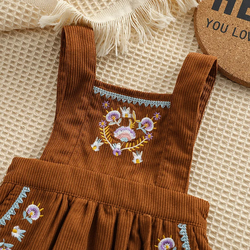 2023 new arrival 100% organic cotton kids corduroy romper overall embroidery flower sleeveless jumpsuit for baby