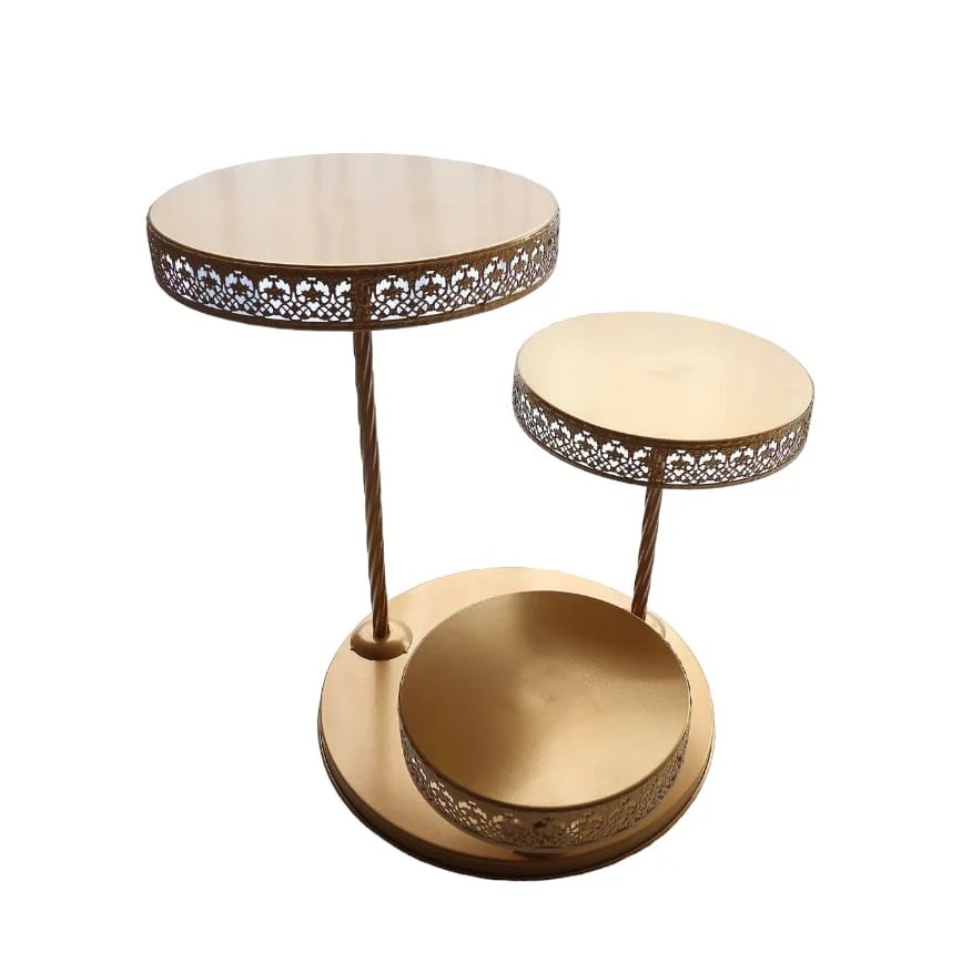 3-Tier Gold Metal Cupcake Tower Dessert Stand Hollow Lace Design Round Tiered Cake Stand for Sale from India