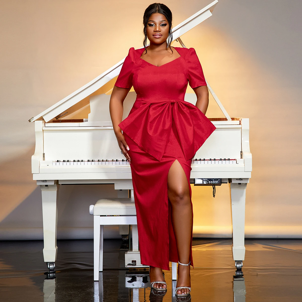 V Neck Short Sleeves High Slit Large Bowtie Long Evening Dresses Women