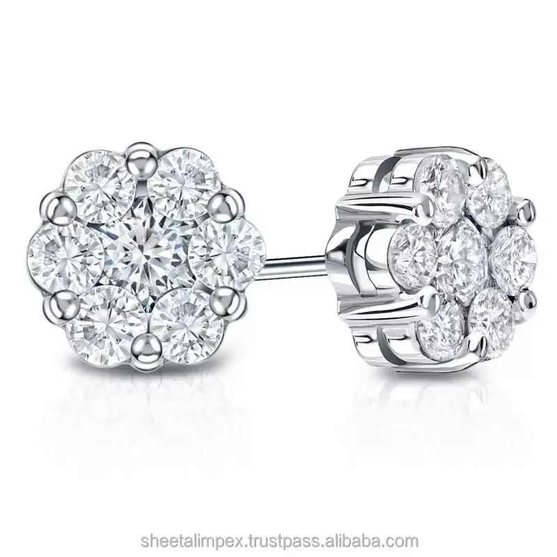 Sheetal Impex 1.00 Tcw SI Clarity FG Color Round Shape Real Natural Diamonds Studded 14 Kt White Gold Cluster Earring