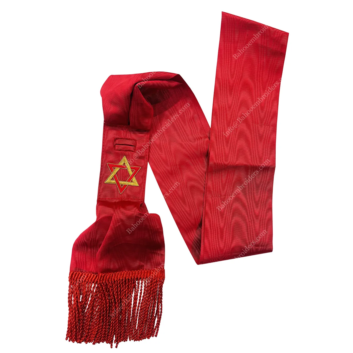 MASONIC REGALIA OF ORDER OF SCARLET CORD CANDIDATES SASH - RED MOIRE RIBBON -  MACHINE MADE EMBROIDERY ( BE-SCR-SAH-003 )